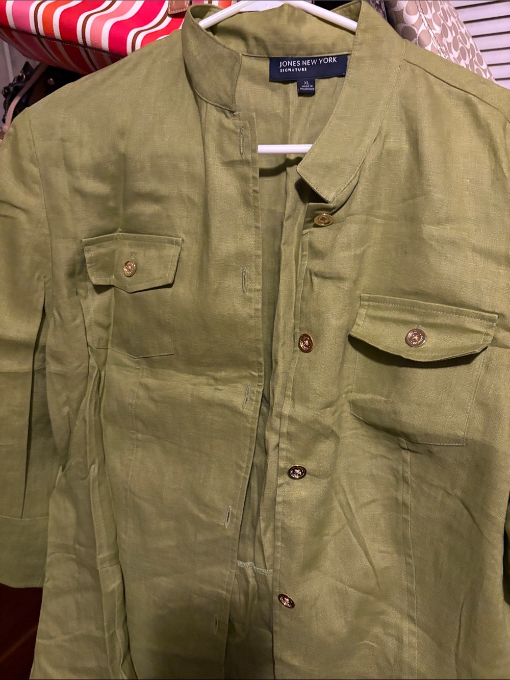Jones New York Light Olive Green Linen Button-Front Jacket